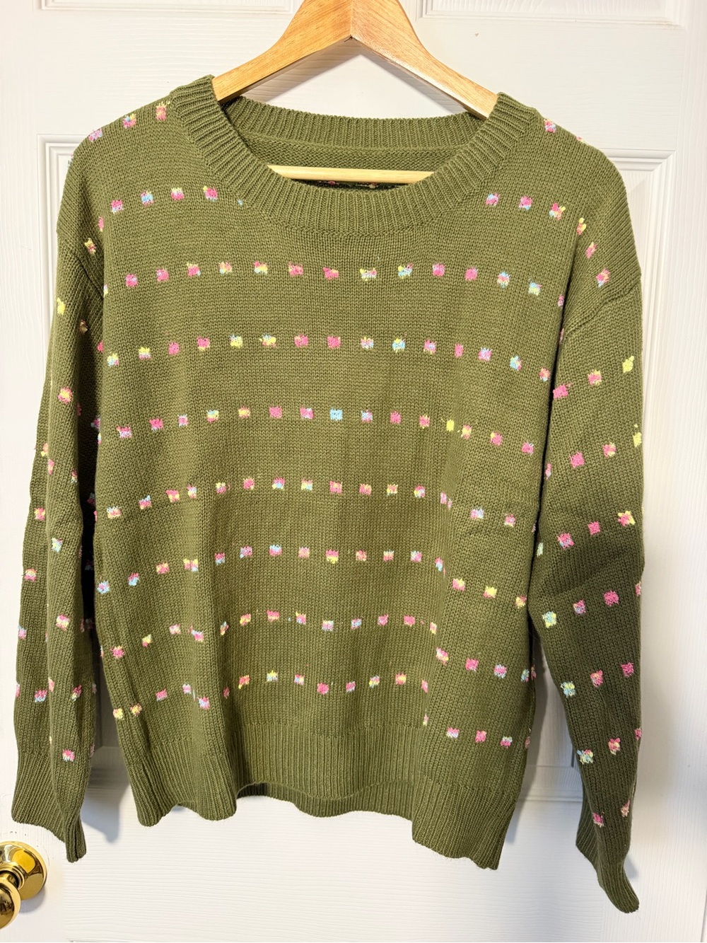 Olive Green Crewneck Sweater with Pastel Dot Pattern
